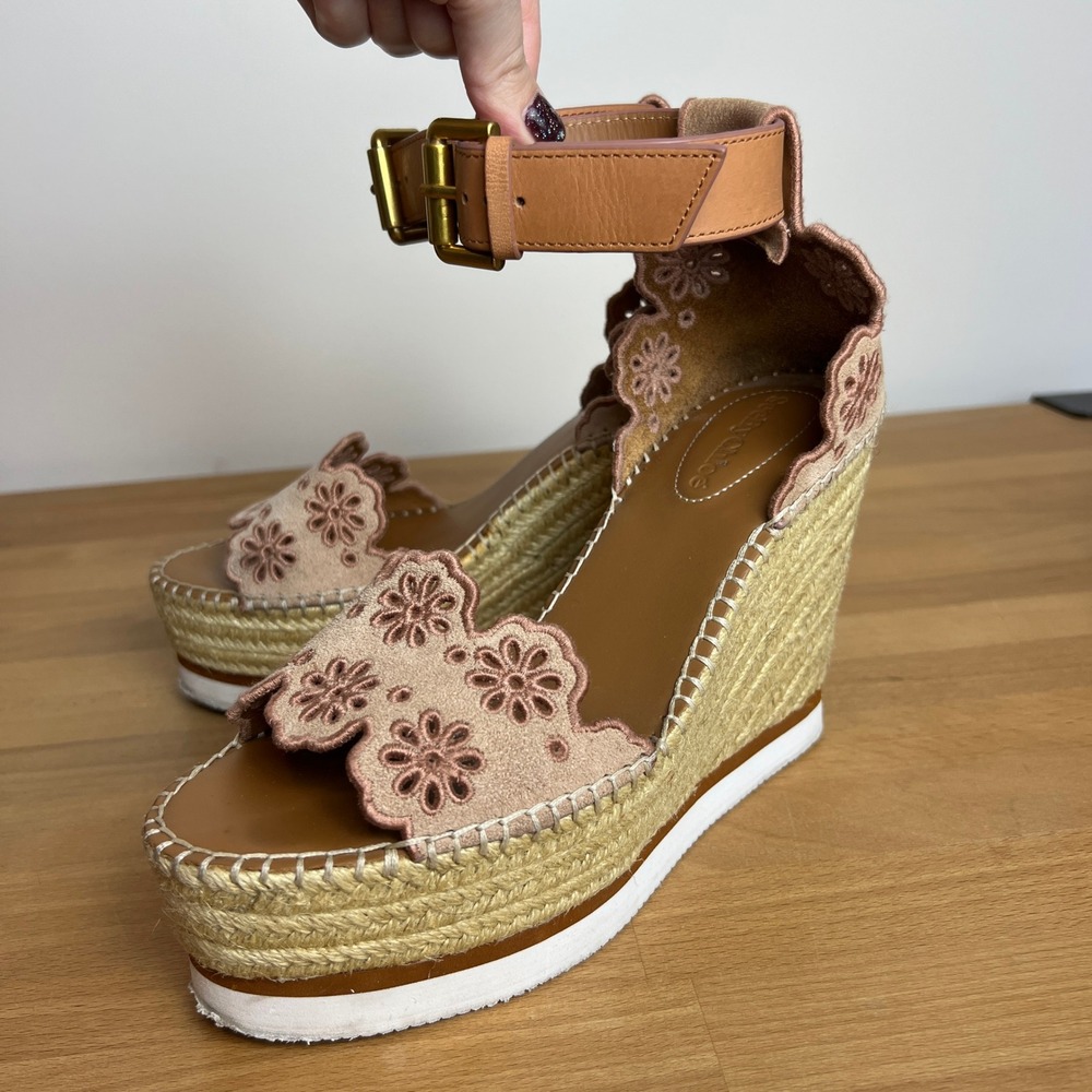 See By Chloe Floral Wedge Suede Leather Floral Eyelet Embroidered Sandal Heels‎